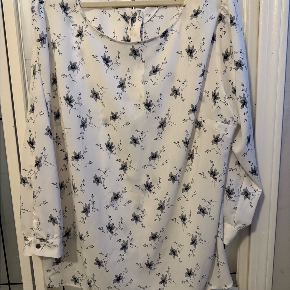LOFT White Floral Blouse with Navy Print